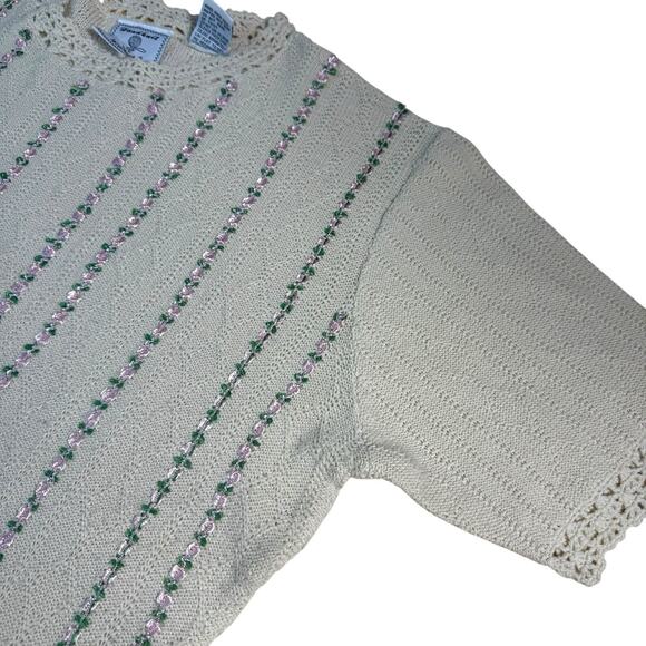 VTG Lecomte Sweater Short Sleeve Handknit Oversize Cozy Size Medium Granny Rose - Picture 3 of 5